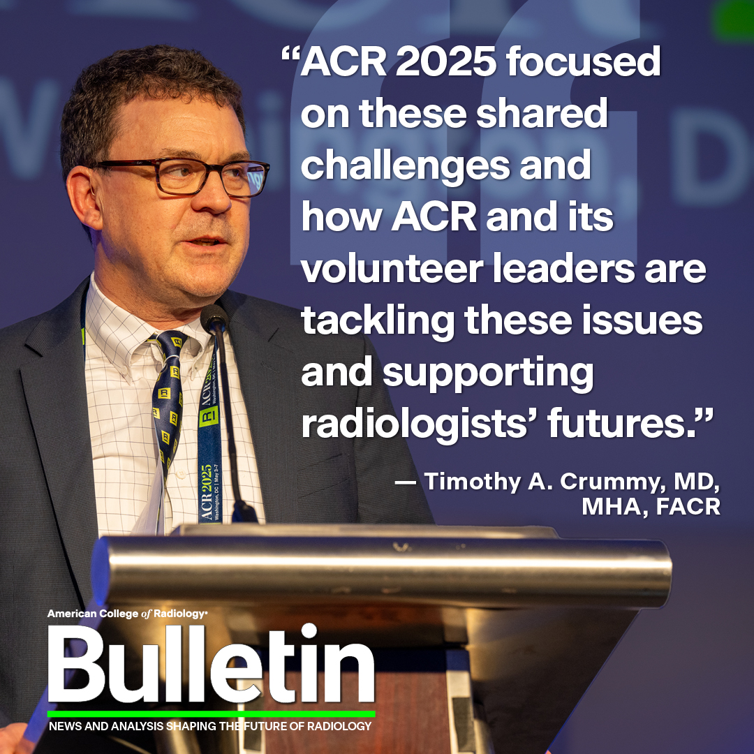 ACRBulletin's tweet image. ACR 2025 was once again a hub of exchanging ideas and, more importantly, a chance for the College to hear the needs of its members. Timothy A. Crummy, MD, MHA, FACR, reflects on the meeting and how the College continues to listen to its members to improve the specialty.…