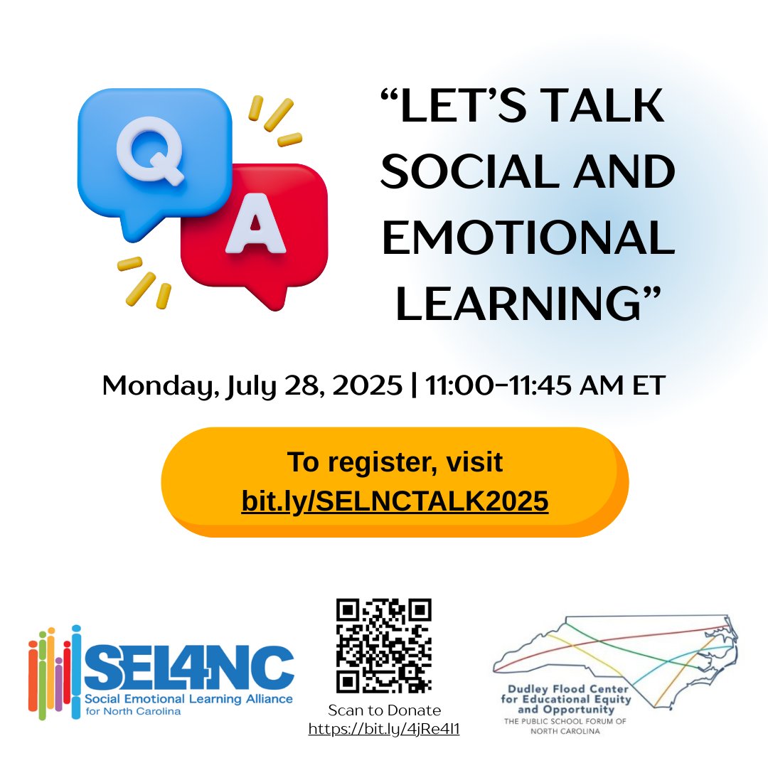 Let’s Talk Social and Emotional Learning! 🧠💙
Join <a href="/SEL4NC/">SEL4NC</a> + <a href="/DudleyFloodCtr/">DudleyFloodCenter</a> for a 45-minute virtual session on SEL, free tools, and civic engagement. Perfect for educators, parents, and advocates alike.
📅 Mon, July 28 | ⏰ 11–11:45 AM
🔗 Register: bit.ly/SELNCTALK2025