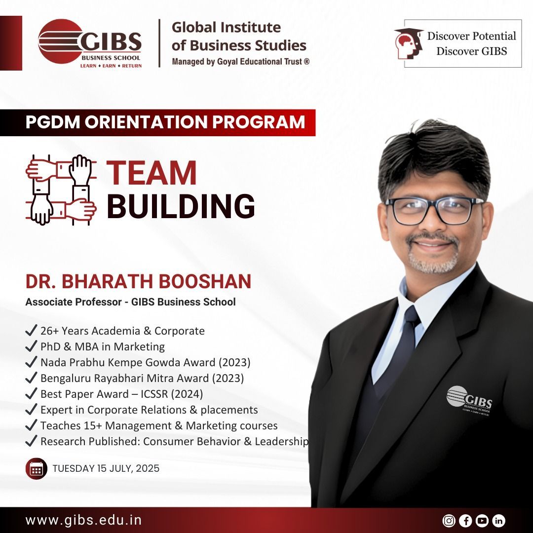 GIBSBSchool's tweet image. 🤝 Team Building Session | PGDM Orientation
A power-packed session with Dr. Bharath Booshan, a marketing expert with 26+ years of academic &amp;amp; corporate experience! 🎯

📍 GIBS Business School | 📅 15 July 2025
🌐 gibs.edu.in

#GIBS #PGDM2025 #TeamBuilding #Leadership