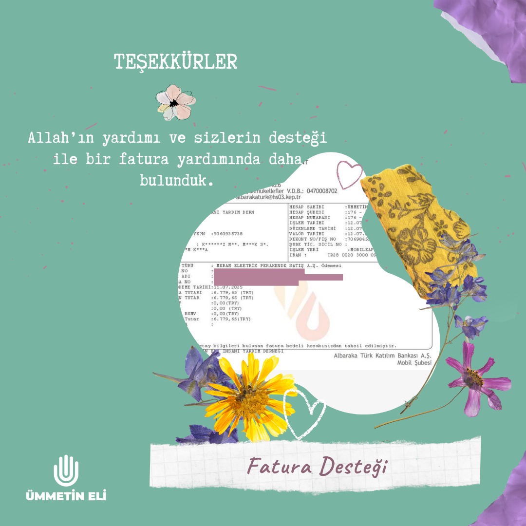 Ümmetin Eli İnsani Yardım Derneği olarak, Kur'an kursuna 6.779 liralık fatura desteğinde bulunduk elhamdulillah.   

Detaylı bilgi için sizler de bize ulaşabilirsiniz. 

Wp: +90 534 778 58 00

"Ahmet Özer"#pazartesi #WeAreHanzala