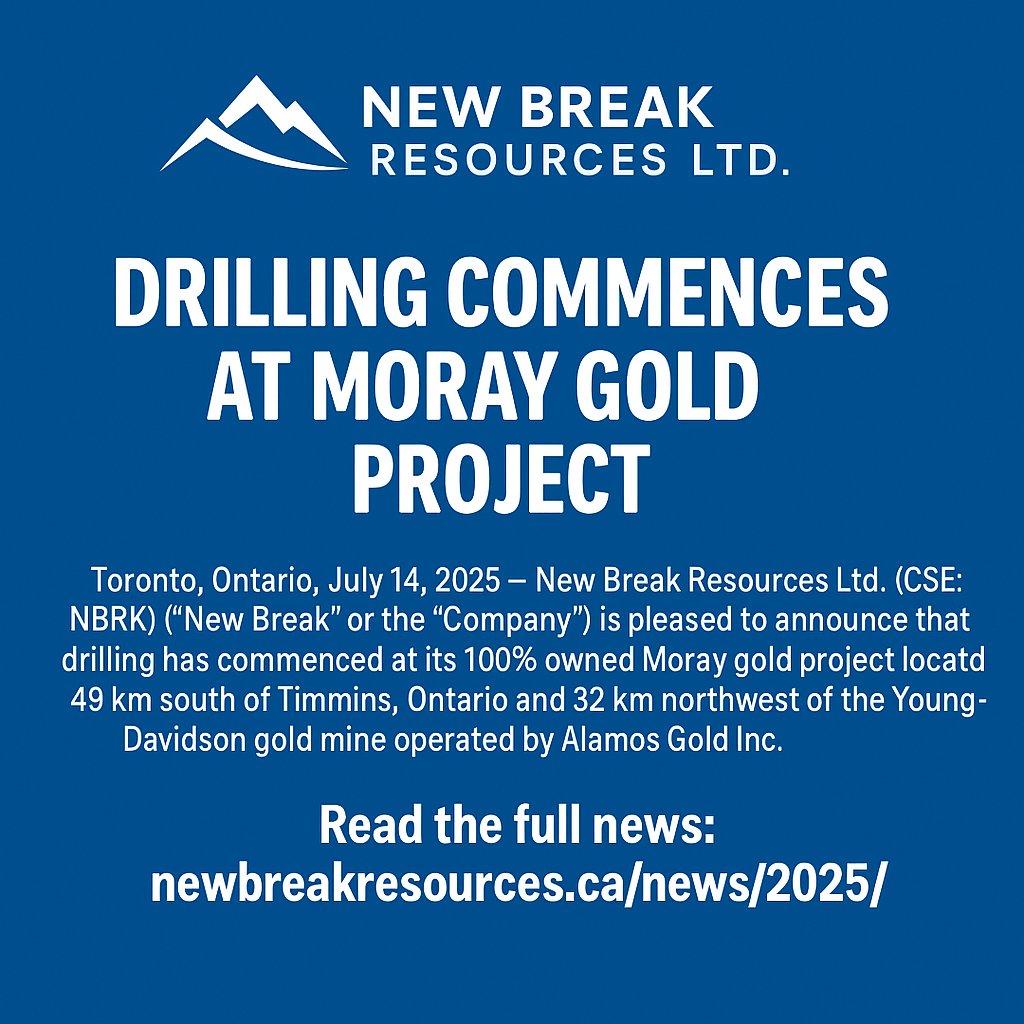 NewBreakGold's tweet photo. 🚨 Drilling has begun at New Break Resources' Moray gold project near Timmins, ON! Testing 4 targets, incl. syenite-hosted zones with potential Young-Davidson analogues.

Full news 🔗 https://t.co/KbAdYynprQ
$NBRK.C #GoldExploration https://t.co/KKMUktMr7P