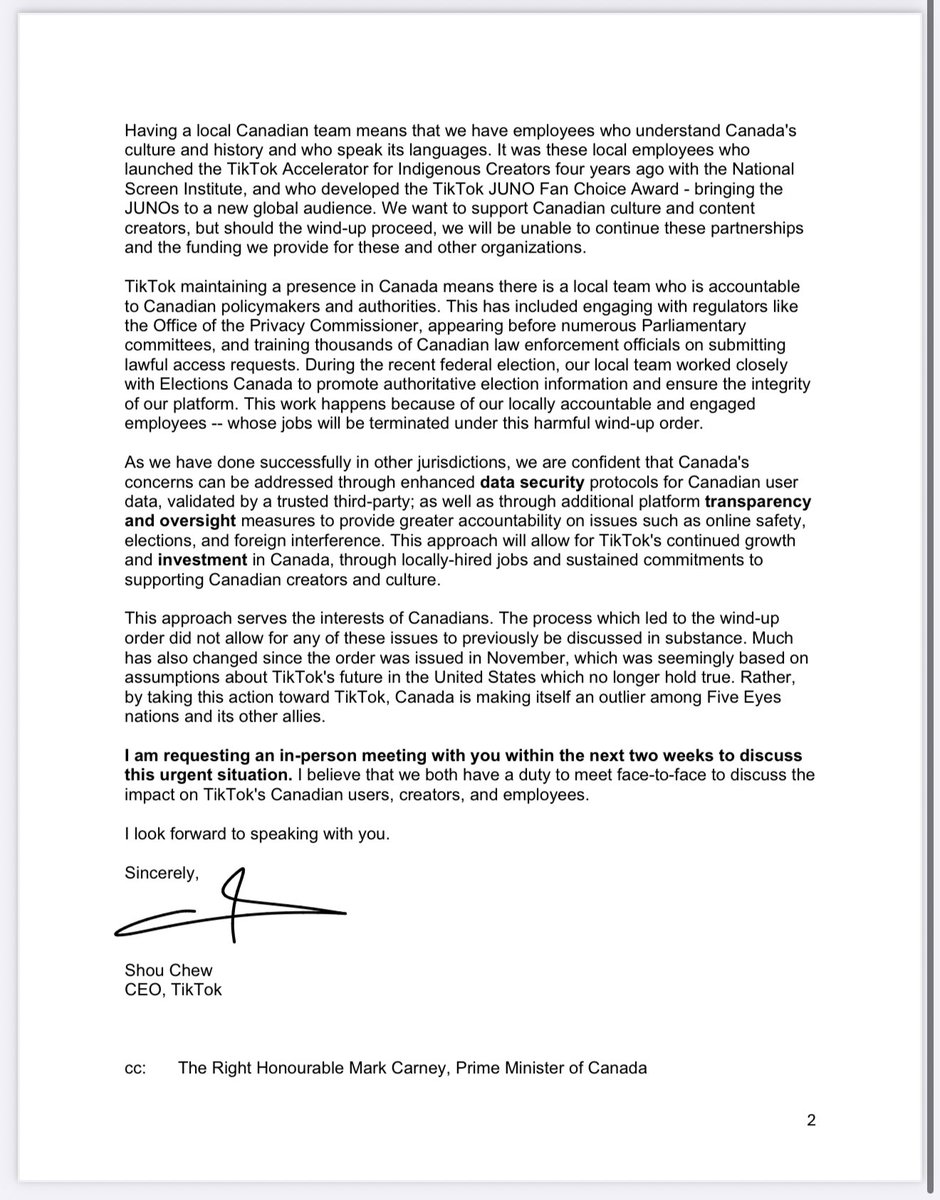 MickeyDjuric's tweet image. TikTok CEO Shou Zi Chew wrote Industry Minister Mélanie Joly a letter requesting an urgent in-person meeting to discuss the government’s ordered shutdown of TikTok Canada — but his request has so far gone unanswered.
politico.com/newsletters/ca…