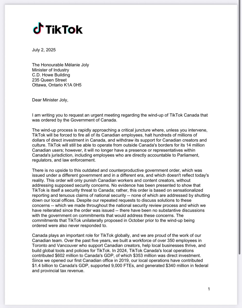 MickeyDjuric's tweet image. TikTok CEO Shou Zi Chew wrote Industry Minister Mélanie Joly a letter requesting an urgent in-person meeting to discuss the government’s ordered shutdown of TikTok Canada — but his request has so far gone unanswered.
politico.com/newsletters/ca…