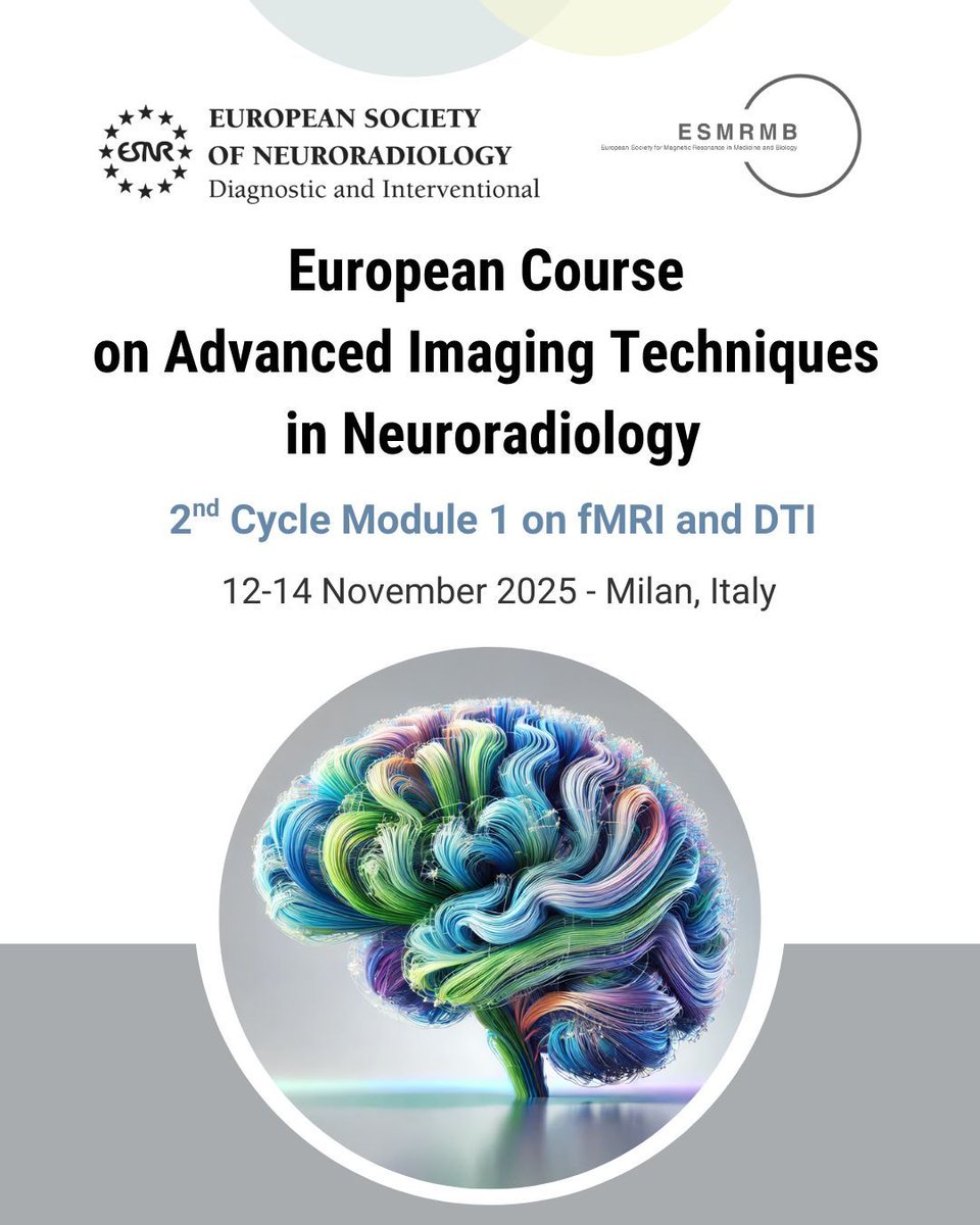 ESNRad's tweet image. European Course on Advanced Imaging Techniques in Neuroradiology 2nd Cycle Module 1 on fMRI and DTI
📆 12-14 November
🗺️ Milan 🇮🇹
Info and registration here:
buff.ly/ON6cHCZ
Neurorad