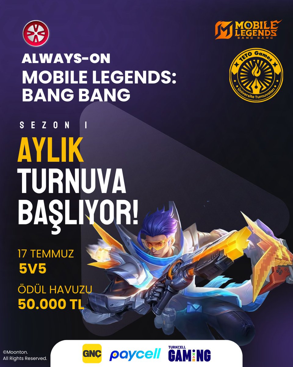 TETO Games (@tetogamestv) on Twitter photo 🏆 Always-ON Mobile Legends: Bang Bang Sezon 1 Açık Eleme Başlıyor! 🚀🔥
Şampiyonluk için son viraj! Büyük finale adını yazdırmak için yeteneklerini göster, rakiplerini alt et ve zirveye giden yolda yerini al! 🎯💥
👉 bit.ly/40jzkzn
<a href="/MLBB_Turkiye/">Mobile Legends: Bang Bang Türkiye</a> <a href="/mlbbespor/">MLBB Türkiye Esports</a> <a href="/paycell/">Paycell</a> 🏆 Always-ON Mobile Legends: Bang Bang Sezon 1 Açık Eleme Başlıyor! 🚀🔥
Şampiyonluk için son viraj! Büyük finale adını yazdırmak için yeteneklerini göster, rakiplerini alt et ve zirveye giden yolda yerini al! 🎯💥
👉 bit.ly/40jzkzn
<a href="/MLBB_Turkiye/">Mobile Legends: Bang Bang Türkiye</a> <a href="/mlbbespor/">MLBB Türkiye Esports</a> <a href="/paycell/">Paycell</a>