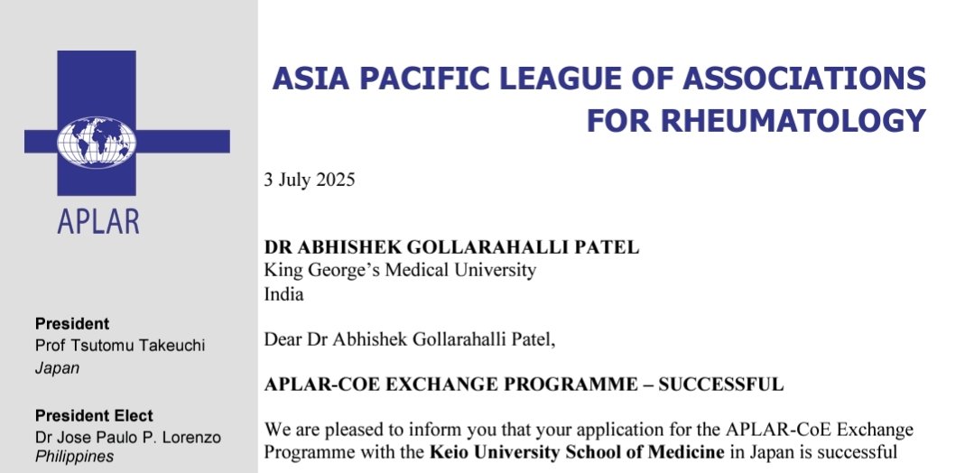 Humbled to be selected for the APLAR Center of Excellence Exchange Program at Keio University, Japan 🇯🇵! Honored to learn and collaborate at one of Asia’s leading institutions in rheumatology. Looking forward to an enriching journey! #APLAR #rheumtwitter