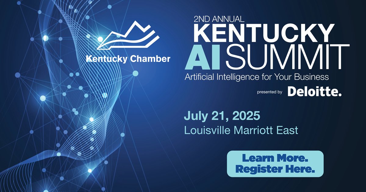 KyChamber's tweet image. The Kentucky Chamber’s AI Summit will focus on artificial intelligence for business. Join us on July 21 in Louisville to hear about the latest trends, advancements, and best practices in the field. Attend and network, learn from experts, and gain insights into how AI is…
