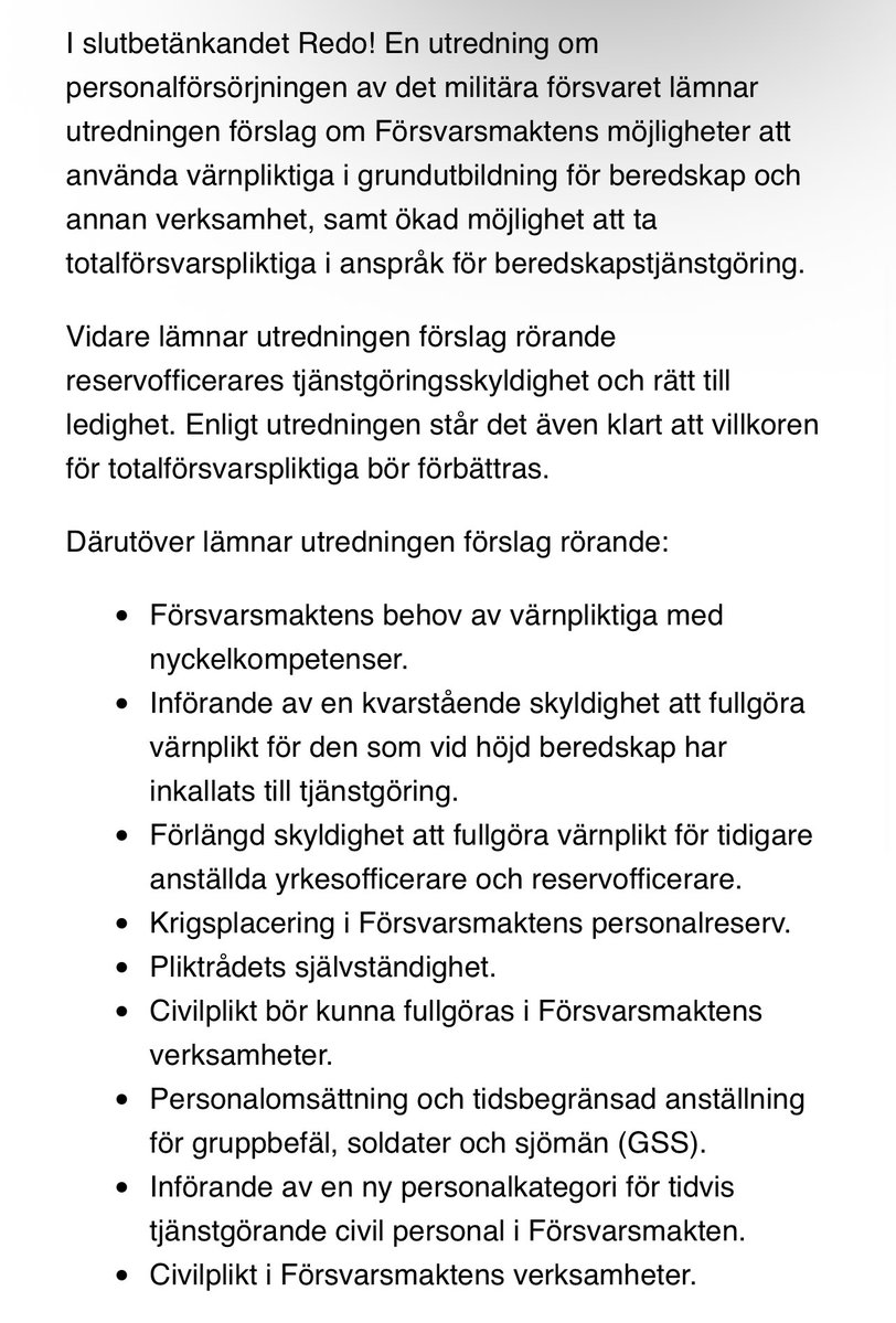 Redo! En utredning om personalförsörjningen av det militära försvaret (SOU 2025:86): regeringen.se/contentassets/… regeringen.se/contentassets/…