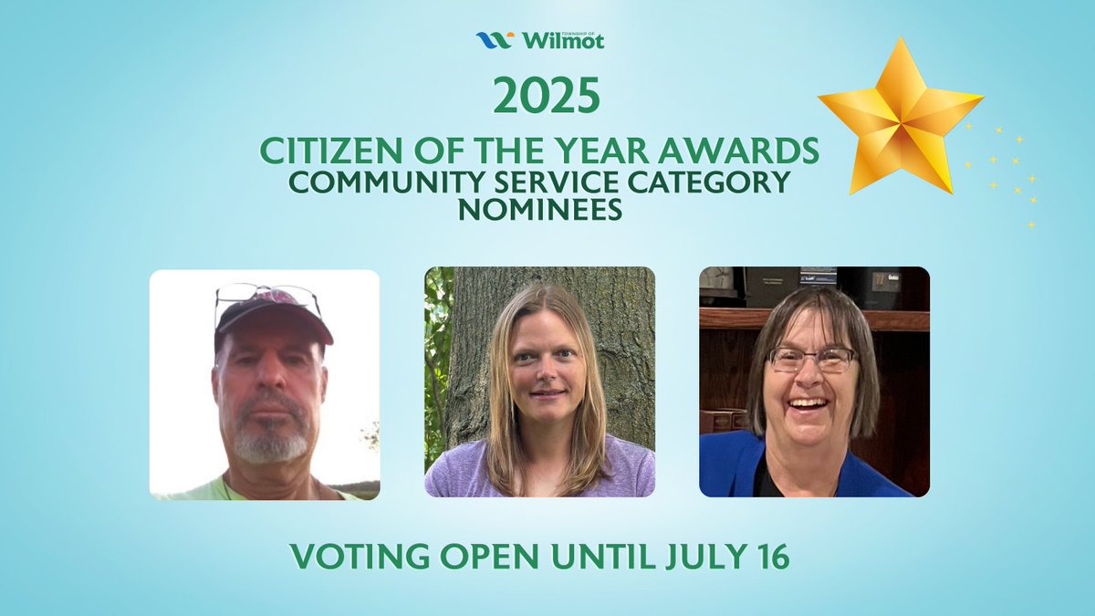 Meet the nominees for Citizen of the Year - Community Service Category!
🌟 Don Meyer
🌟 Krista Straus 
🌟 Susan Hammer 
Learn more about their contributions and and cast your vote at wilmot.ca/citizenoftheye…