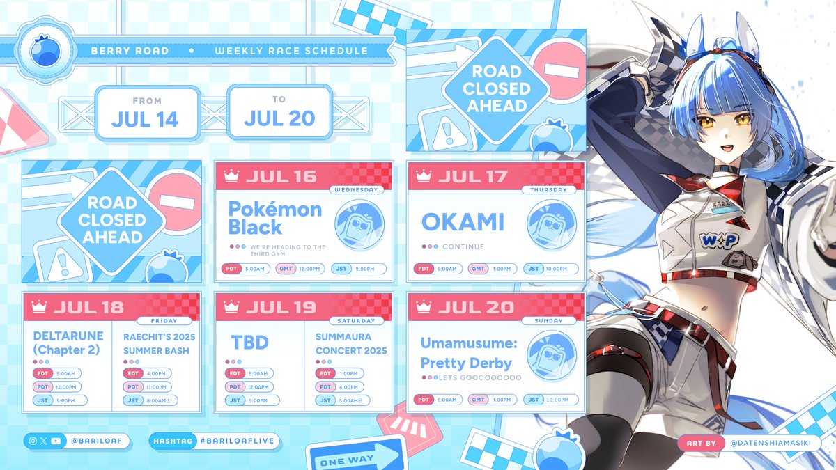 ✨🫐🍞Schedule for JULY 14-20🍞🫐✨

Art: #loafgallery 
Music/Covers: #VocaLoaf
Fan name: loafers / #bariloafers
General: #bariloaf
Graphics: #barigraph
Live: #bariloafLIVE / Clips: #Bariin4K
Memes: #CookupBari
Oshimark:  🫐🍞

schedule art by x.com/rovaroca
