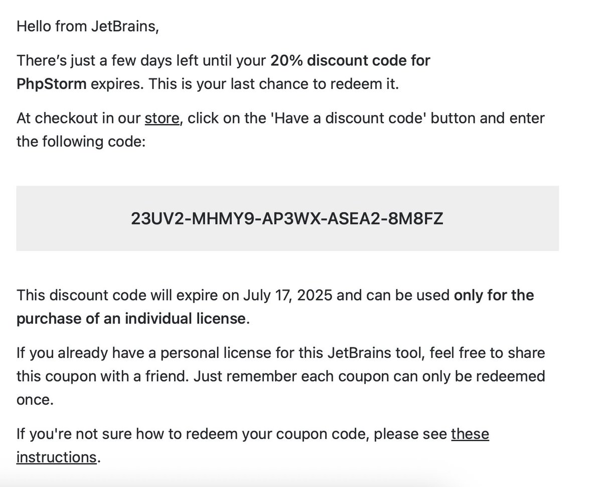 If anyone wants this

code: 23UV2-MHMY9-AP3WX-ASEA2-8M8FZ (will only work once)

sales.jetbrains.com/hc/en-gb/artic…