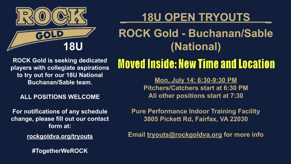 ROCK GOLD VA 18U - Buchanan (@rockgoldva18u) on Twitter photo ☔️ 18U INDOOR TRYOUTS TODAY for 2025-2026
🤘Rock Gold 18U - Buchanan/Sable
📍Pure Performance <a href="/getpureperform/">Pure Performance 🥎⚾️</a>
3805 Pickett Road, Fairfax, VA
🥎 Pitchers and Catchers 6:30
🥎All other positions 7:30
👟👟tennis shoes or turfs, no cleats
📋 rockgoldva.org/tryouts/contac…
#TogetherWeROCK ☔️ 18U INDOOR TRYOUTS TODAY for 2025-2026
🤘Rock Gold 18U - Buchanan/Sable
📍Pure Performance <a href="/getpureperform/">Pure Performance 🥎⚾️</a>
3805 Pickett Road, Fairfax, VA
🥎 Pitchers and Catchers 6:30
🥎All other positions 7:30
👟👟tennis shoes or turfs, no cleats
📋 rockgoldva.org/tryouts/contac…
#TogetherWeROCK