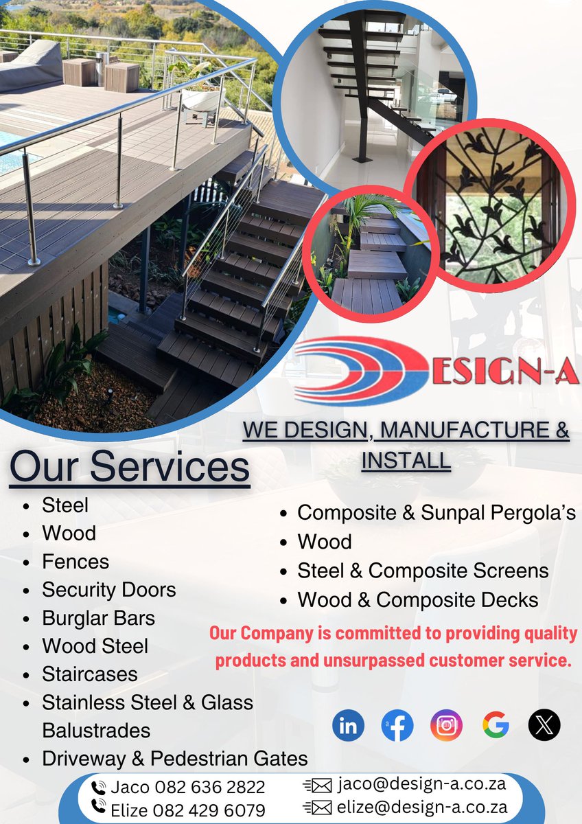 DesignAPretoria's tweet image. Ons maatskappy is daartoe verbind om kwaliteit produkte en onoortreflike kliëntediens te lewer Elize 082 429 6079 Jaco 082 636 2822 E-pos: jaco@design-a.co.za elize@design-a.co.za