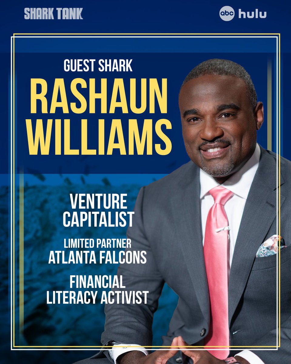 ABCSharkTank's tweet image. The legendary Rashaun Williams is back in the Tank as a Guest Shark! 🏈🦈 Catch him and the deals he reels in on the new season of #SharkTank, Wednesdays this fall on ABC and stream on Hulu.
