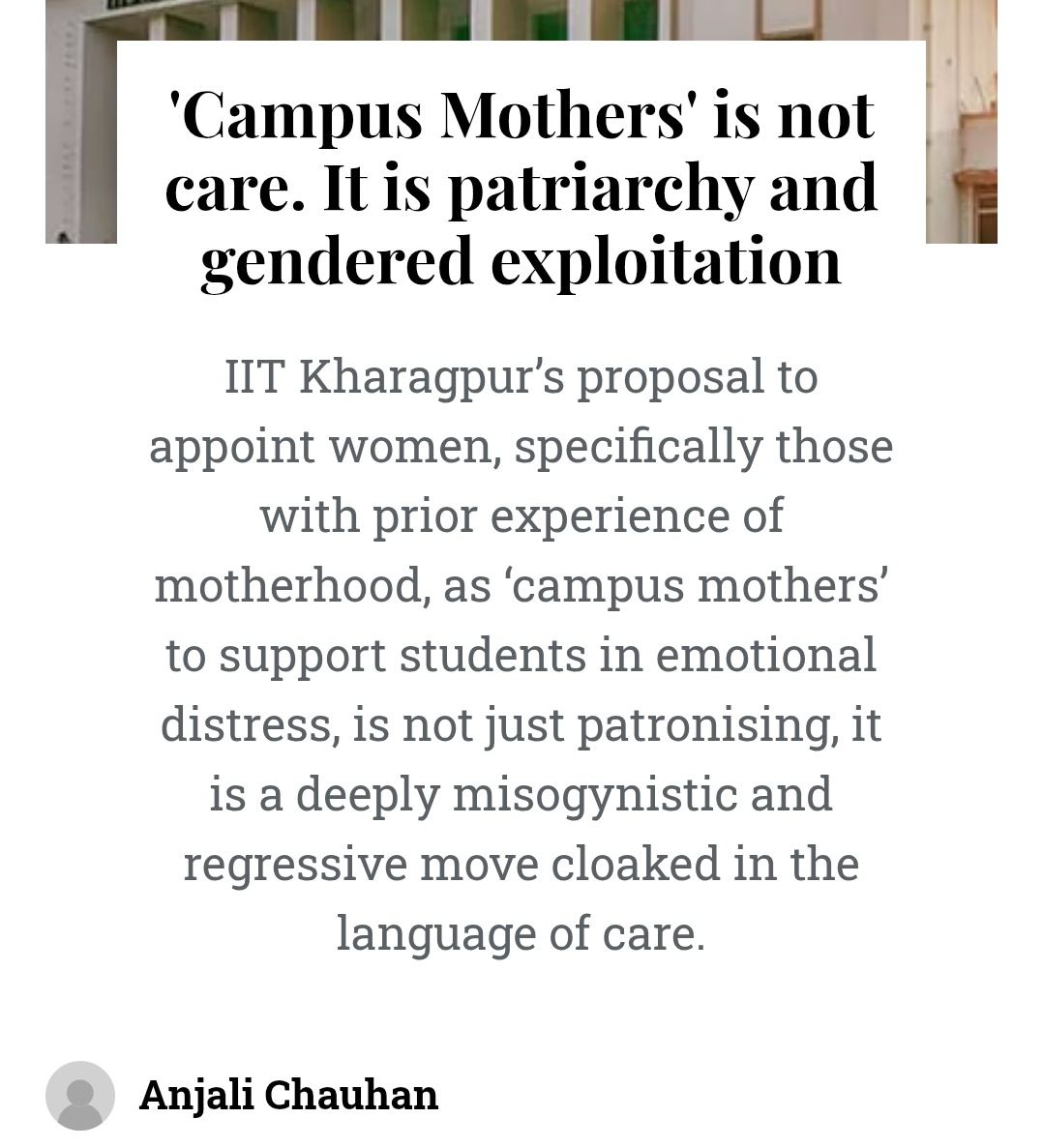 Anjali Chauhan (@chauhananjali98) on Twitter photo I write for <a href="/DeccanHerald/">Deccan Herald</a> with a lot of rage and frustration.
“To outsource the burden of student well-being to women in the name of maternal care is to depoliticise and domesticate what is, at its core, a crisis of systemic violence”
Link: deccanherald.com/opinion/campus… I write for <a href="/DeccanHerald/">Deccan Herald</a> with a lot of rage and frustration.
“To outsource the burden of student well-being to women in the name of maternal care is to depoliticise and domesticate what is, at its core, a crisis of systemic violence”
Link: deccanherald.com/opinion/campus…