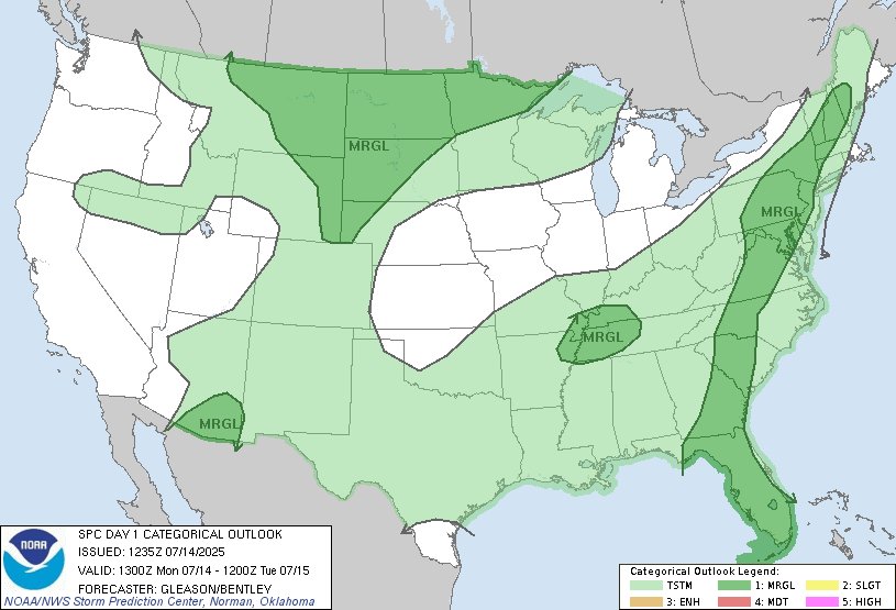 7:37am CDT #SPC Day1 Outlook Marginal Risk: across parts of the northern Plains, East, Mid-South, and southeast Arizona spc.noaa.gov/products/outlo…