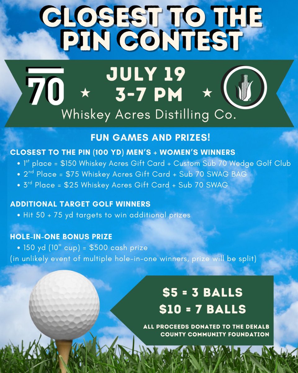 Sub70's tweet image. Join us this Saturday at @WhiskeyAcres in DeKalb for a great fundraising event! Have a cocktail or two and participate in the Closest to the Pin Contest with prizes from both Whiskey Acres and Sub 70!