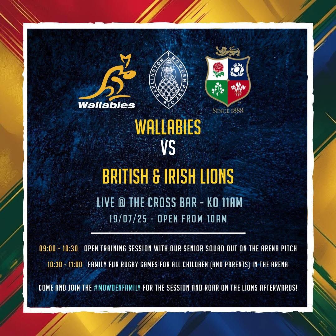 🔵Super Saturday⚪️

🦁Catch every minute of the action as the Wallabies take on the Lions, shown LIVE once again at The Cross Bar! 

🔥PLUS – Don’t miss an open training session with our Senior Squad from 09:00 in the arena 

#MowdenFamily