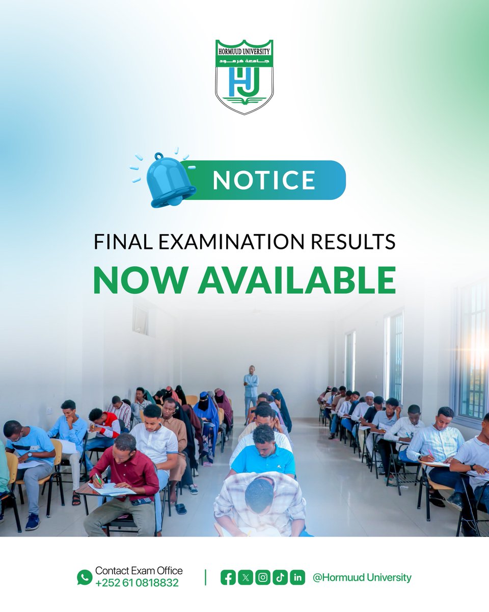 HormuudUni's tweet image. 📌𝗔𝗡𝗡𝗢𝗨𝗡𝗖𝗘𝗠𝗘𝗡𝗧! We hereby notify all students of @HormuudUni that the Final Examination results for the 2024–2025 academic year have been officially released as of today. The results are now accessible through the University’s official student portal.
