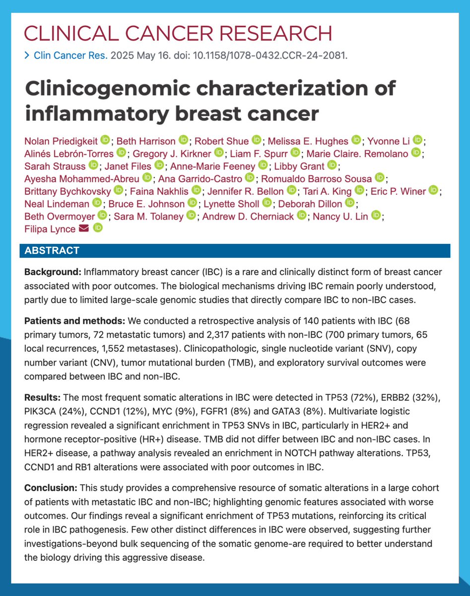 Dana-Farber’s Breast Oncology Center (@dfci_breastonc) on Twitter photo Check out this recent paper on #InflammatoryBreastCancer, it examines the clinicogenomic characterization of #IBC.
👉pubmed.ncbi.nlm.nih.gov/40378057/
@npriedig <a href="/DrBBychkovsky/">Brittany Bychkovsky, MD</a> <a href="/jenniferbellon2/">jennifer bellon</a>
<a href="/TariKingMD/">Tari King MD</a> <a href="/DrEricWiner/">Eric Winer, MD</a> <a href="/lmsholl/">Lynette Sholl</a> <a href="/stolaney1/">Sara Tolaney</a>
<a href="/nlinmd/">Nancy Lin, MD</a> <a href="/FilipaLynce/">Filipa Lynce, MD, FASCO 🇵🇹 🇺🇸</a> <a href="/DrRBarroso/">Romualdo Barroso, MD PhD</a> Check out this recent paper on #InflammatoryBreastCancer, it examines the clinicogenomic characterization of #IBC.
👉pubmed.ncbi.nlm.nih.gov/40378057/
@npriedig <a href="/DrBBychkovsky/">Brittany Bychkovsky, MD</a> <a href="/jenniferbellon2/">jennifer bellon</a>
<a href="/TariKingMD/">Tari King MD</a> <a href="/DrEricWiner/">Eric Winer, MD</a> <a href="/lmsholl/">Lynette Sholl</a> <a href="/stolaney1/">Sara Tolaney</a>
<a href="/nlinmd/">Nancy Lin, MD</a> <a href="/FilipaLynce/">Filipa Lynce, MD, FASCO 🇵🇹 🇺🇸</a> <a href="/DrRBarroso/">Romualdo Barroso, MD PhD</a>