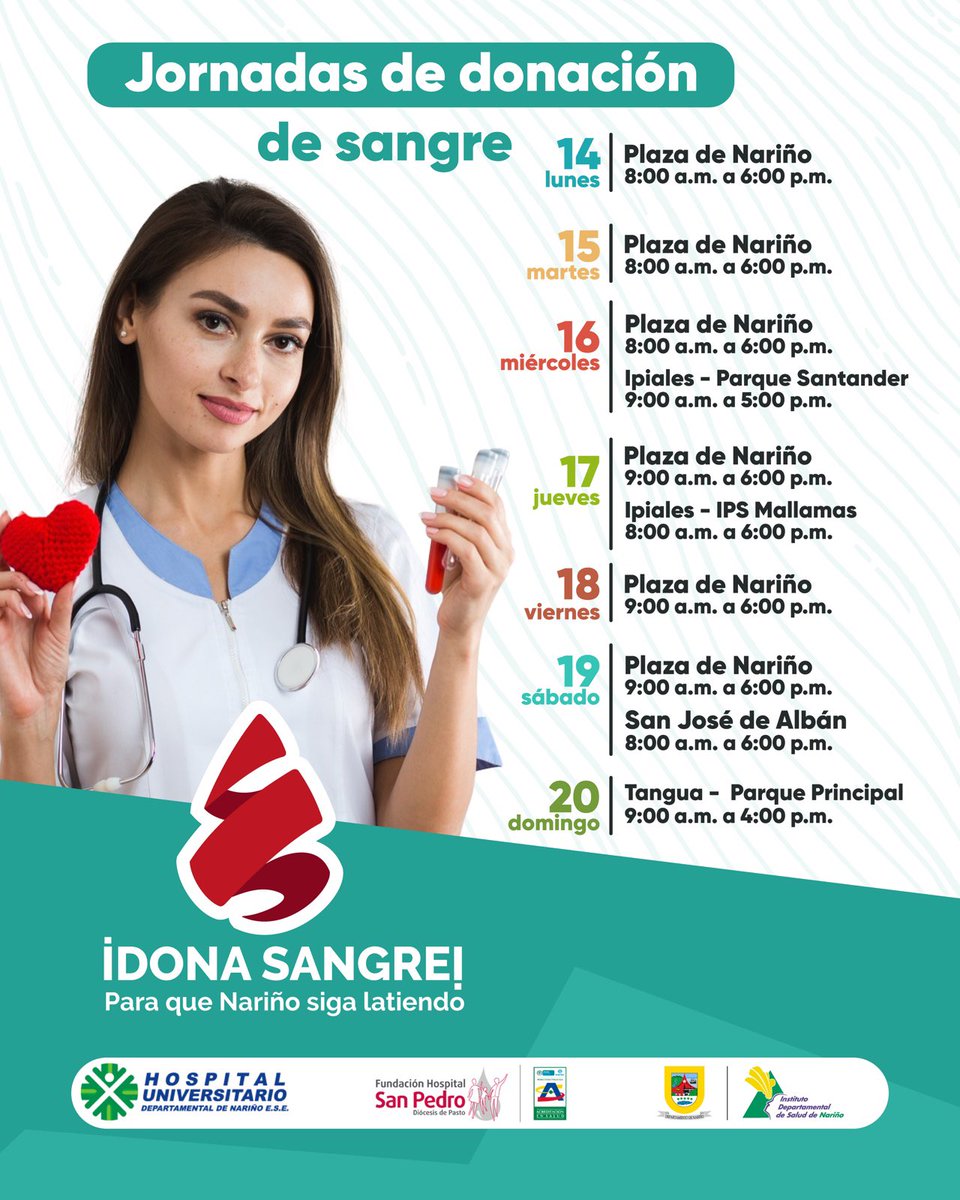 Presentamos los horarios y lugares en donde se realizarán las jornadas de donación de sangre en Nariño. 

Para que Nariño #SigaLatiendo 🔰🩸♥️