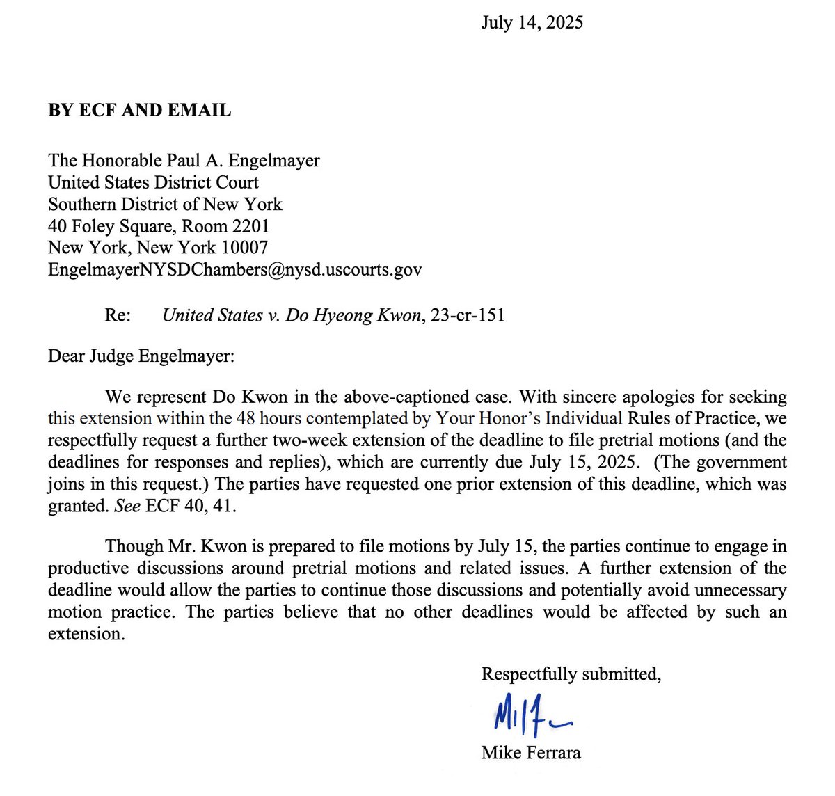 NEW: Do Kwon's legal team requests yet another extension for time to file pretrial motions

This time for two more weeks as "productive discussions" with the government continue since the departure of the lead prosecutor 👀⬇️

$LUNC $LUNA