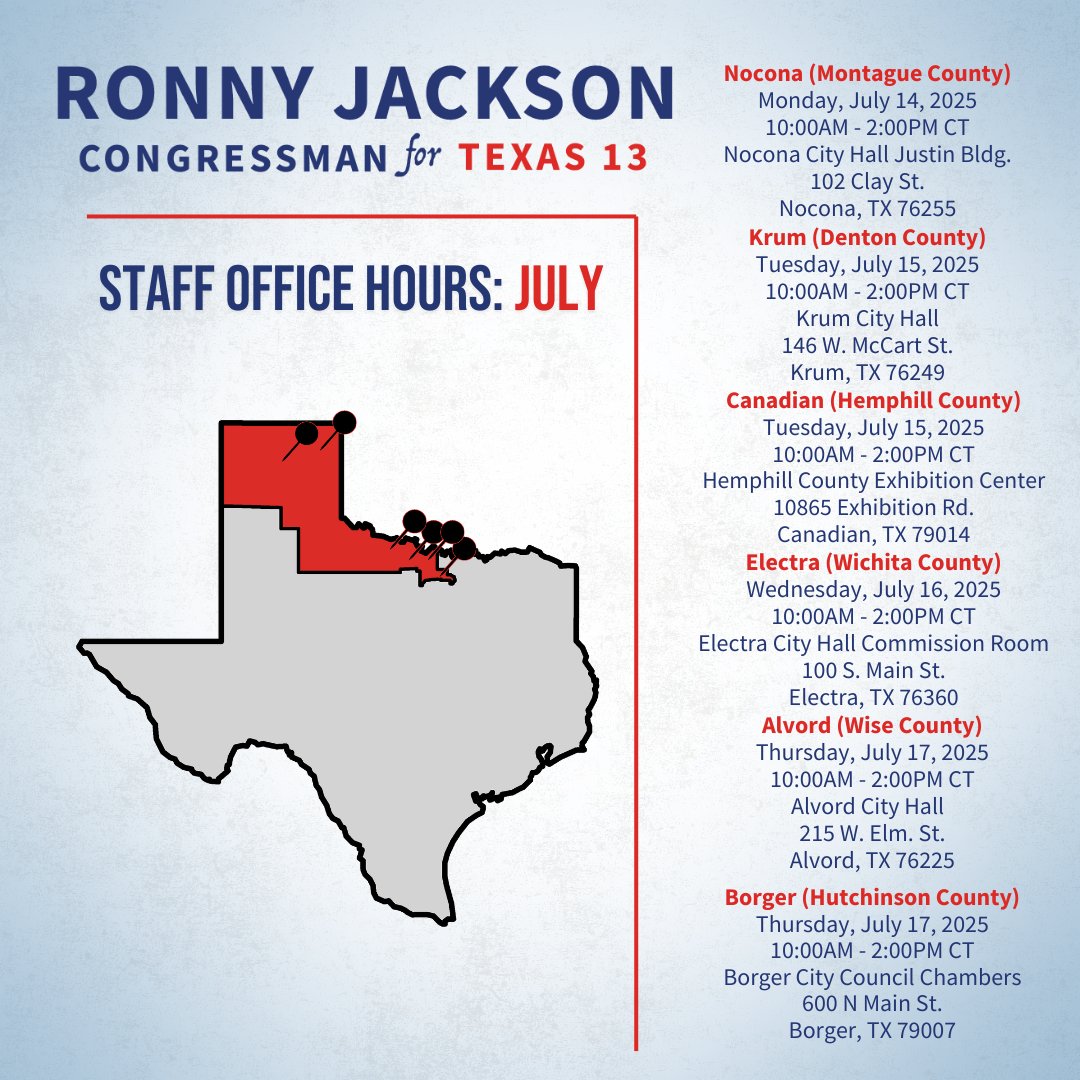RepRonnyJackson's tweet image. To the constituents of TX-13, my staff will be hosting office hours in Nocona, Krum, Canadian, Electra, Alvord, and Borger this week. I encourage anyone who needs assistance with a federal agency to stop by! More information below: