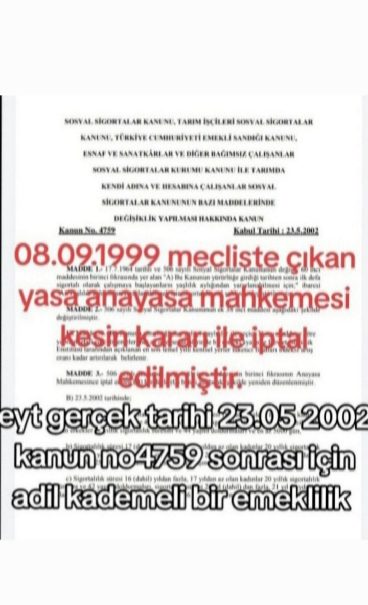 Yasaların verdiği kararlar uygulanmıcaksa neden <a href="/AYMBASKANLIGI/">Anayasa Mahkemesi</a> başvuruluyor. Eyt23.11.2001de iptal edildi.23.5.2002de yürürlüğe girdi.23.5.2002eytye dahil edilmeli.24.5.2002ile 2008arası kademe gelmeli
<a href="/RTErdogan/">Recep Tayyip Erdoğan</a> 
<a href="/Akparti/">AK Parti</a> 
<a href="/MHP_Bilgi/">MHP</a> 
<a href="/herkesicinCHP/">CHP 🇹🇷</a> 
<a href="/rprefahpartisi/">Yeniden Refah Partisi</a> 
<a href="/iyiparti/">İYİ Parti</a>