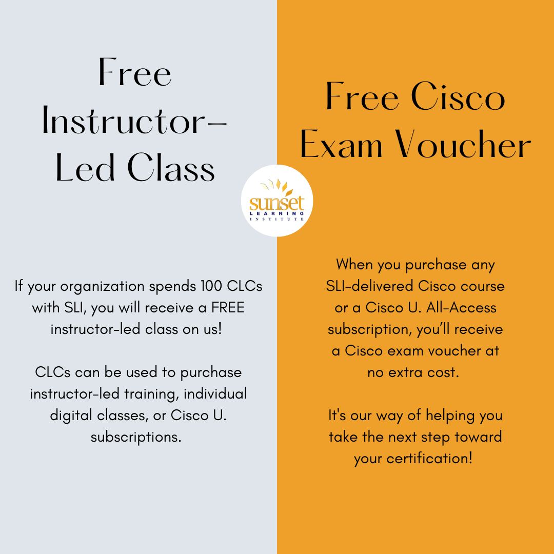 Sunset_Learning's tweet image. Cisco Learning Credits expire - use them before you lose them! Don’t let your training budget go to waste. Take advantage of these offers until 7/31.
sunsetlearning.com/clc-summer-spe…