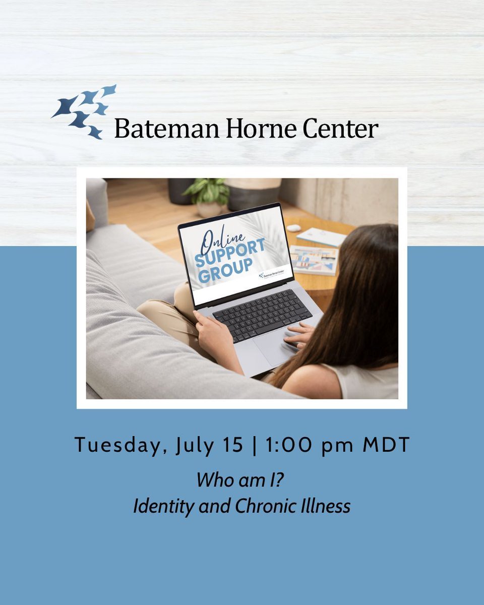 BatemanHorne's tweet image. BHC’s next support group is Tuesday, July 15 at 1PM MDT.
Topic: Identity & Chronic Illness.
Explore who you are—now and becoming.
💙 Register: bit.ly/4lgadFS
#MECFS #LongCOVID #ChronicIllness