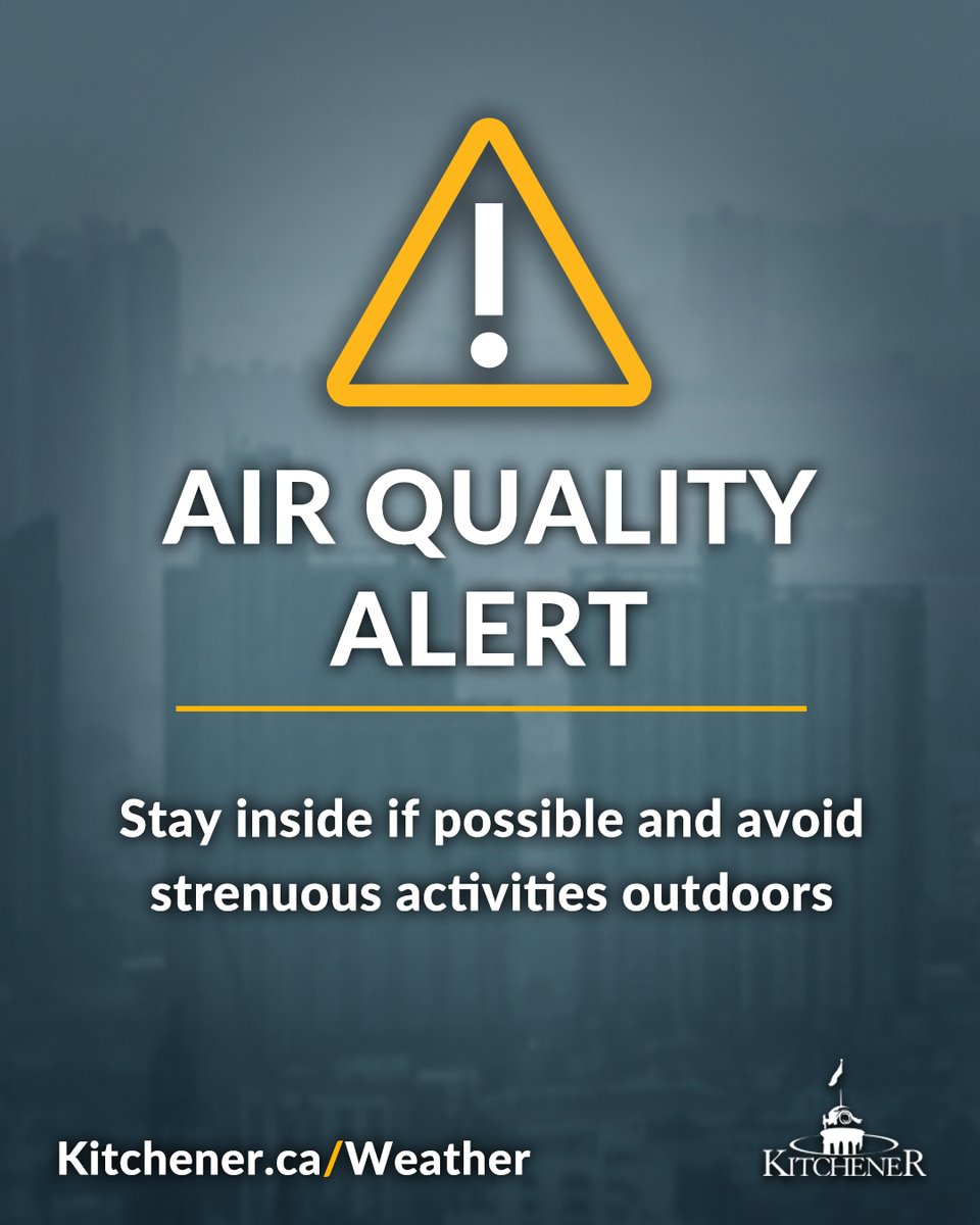 CityKitchener's tweet image. NOTICE: A special air quality statement is in effect for Kitchener. Smoke from forest fires over northern Ontario has moved into the area, causing poor air quality.