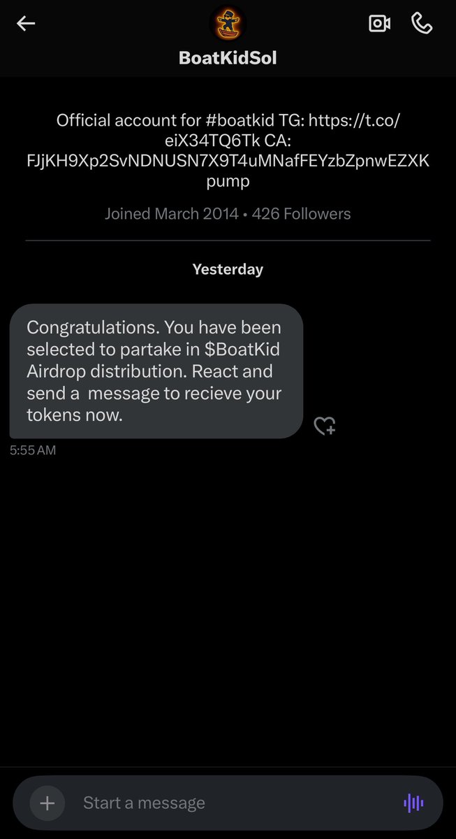 Getting scam DMs already. Yeah, so bullish. 

#Boatkid
