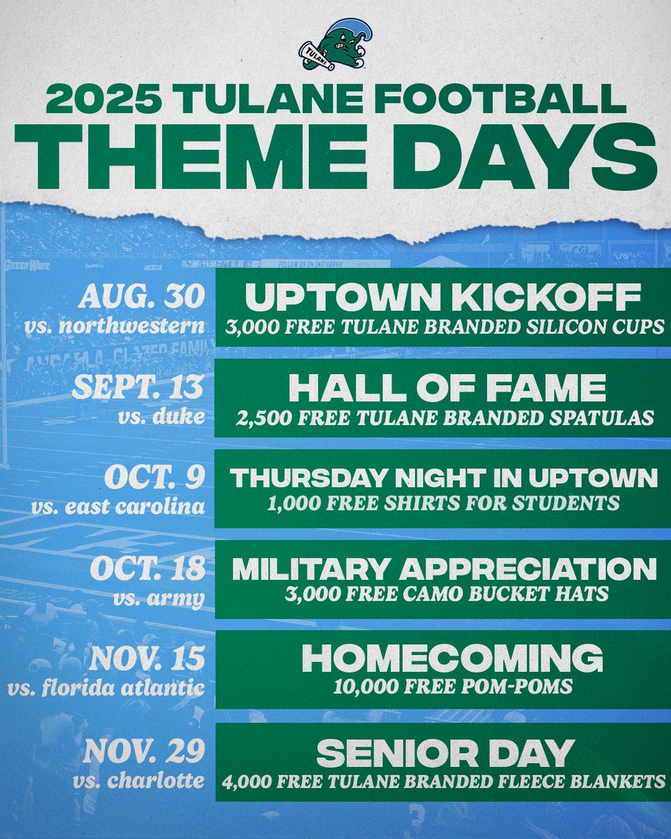 GreenWaveFB's tweet image. From Uptown Kickoff to Senior Day, all 6 home games at Yulman Stadium have a giveaway this fall! Grab your season tickets now!
🎟️ tulanegreenwave.evenue.net/events/FBST
#UptownFootball | #RollWave