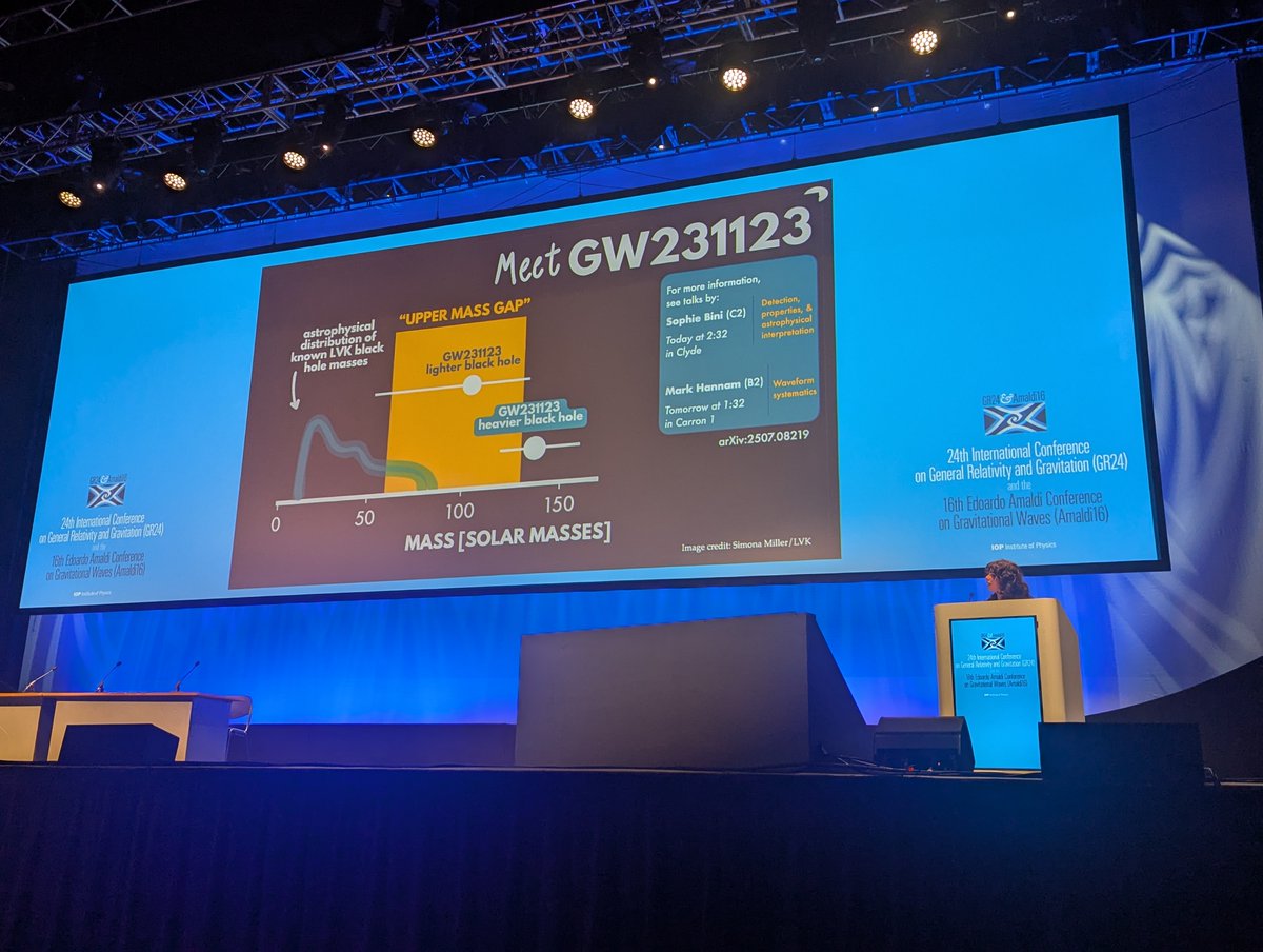 LIGO's tweet image. The discovery of #GW231123 was announced today to scientists at the #GR24Amaldi16 meeting with talks by Amanda Farah and Sophie Bini. International scientists heard about how we analysed such an unusual signal and what it could mean for our understanding of how black holes form