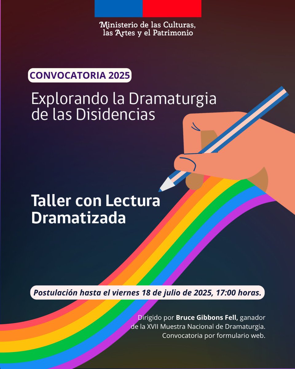 CONVOCATORIA: ÚLTIMA SEMANA

🎭Programa Formativo “Explorando la Dramaturgia de las Disidencias – Taller con Lectura Dramatizada”, instancia gratuita 

¿Cómo postular?
Completar el formulario digital disponible 
👉 forms.office.com/r/3z7xdzZyBW

🗓️ Plazo hasta el viernes 18 de julio.