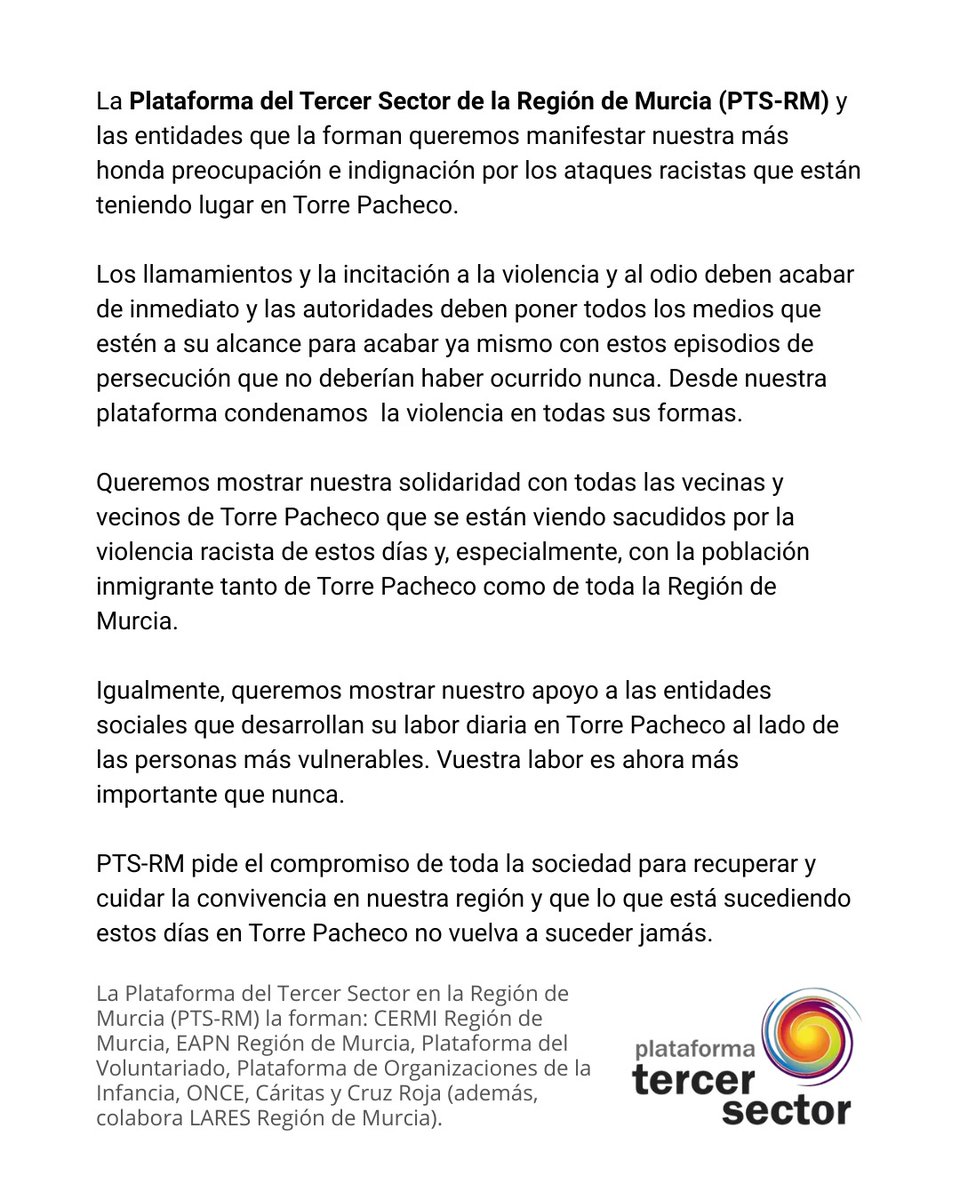 Nos unimos al manifiesto de la PTS de la Región de Murcia para condenar los ataques racistas y xenófobos de Torre Pacheco.
También condenamos la quema de la mezquita de Piera. No podemos permitir estos actos. Nuestra organización se compromete a seguir trabajando contra la odio.