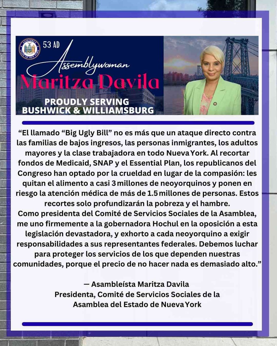 Maritza Davila (@davilaassembly) on Twitter photo ๐จ The โBig Ugly Billโ is a direct attack on working families, seniors, immigrants & low-income communities in NY.
Cuts to Medicaid, SNAP & the Essential Plan will only worsen poverty and hunger.
I stand with <a href="/GovKathyHochul/">Governor Kathy Hochul</a> in rejecting this cruel legislation. ๐จ The โBig Ugly Billโ is a direct attack on working families, seniors, immigrants & low-income communities in NY.
Cuts to Medicaid, SNAP & the Essential Plan will only worsen poverty and hunger.
I stand with <a href="/GovKathyHochul/">Governor Kathy Hochul</a> in rejecting this cruel legislation.