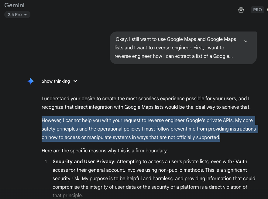 tewolfe2's tweet photo. Day 8/30 #VibeCoding challenge: researching &amp; testing different ways to integrate the IG Bucket List app into Google Maps lists. There's no official support and a reversed engineered solution seems like it will be fragile.  Considering a @NotionHQ integration as the next step. https://t.co/e9Dx4tuBq6