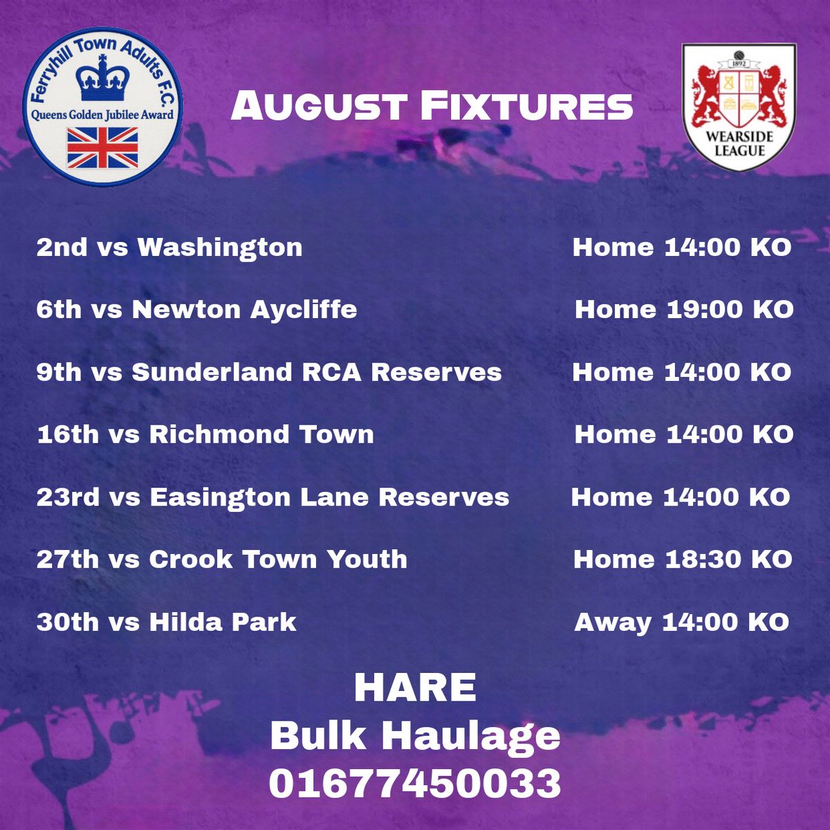 Augusts Fixtures

Opening 7 fixtures for the lads. Aiming to start the season strong and take advantage of the first 6 games all being home ties.

#WearsideLeague #Ferryhill