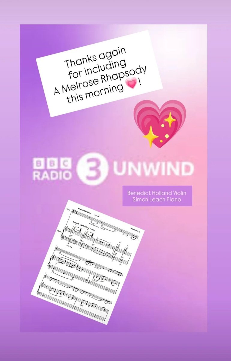 Helen Leach (@helenleachmusic) on Twitter photo Thank you again, BBC Radio 3 Unwind. Beautiful recording of my 'A Melrose Rhapsody' by Benedict Holland Violin and Simon Leach Piano.
Sheet music available <a href="/UnitedMusicPubl/">United Music Publishing Ltd</a> Thank you again, BBC Radio 3 Unwind. Beautiful recording of my 'A Melrose Rhapsody' by Benedict Holland Violin and Simon Leach Piano.
Sheet music available <a href="/UnitedMusicPubl/">United Music Publishing Ltd</a>