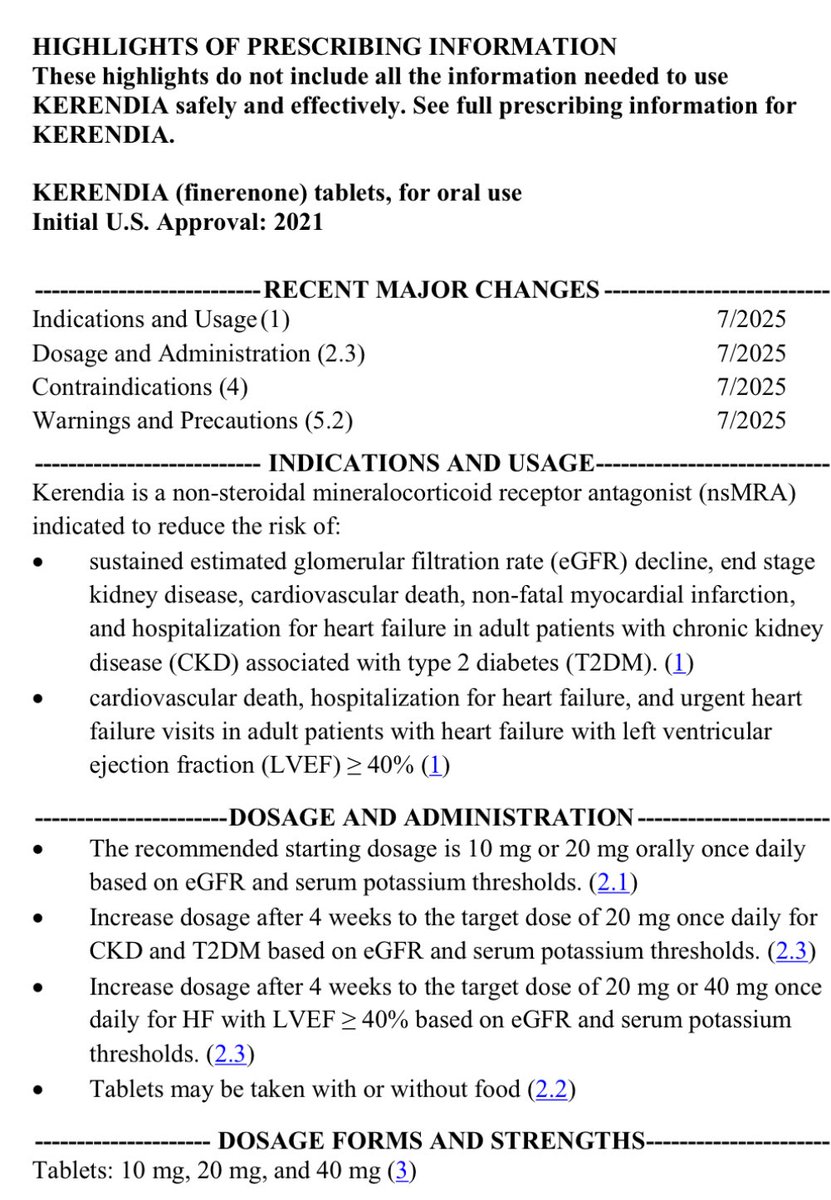 🚨 Finerenone Approved by US FDA in HF based on #FINEARTSHF

Finerenone (Kerendia) is a non-steroidal
MRA indicated to reduce the risk of CV death, hospitalization for HF, &amp; urgent HF visits in adult patients with HF with LVEF&gt;= 40%

bayer.com/media/en-us/us…