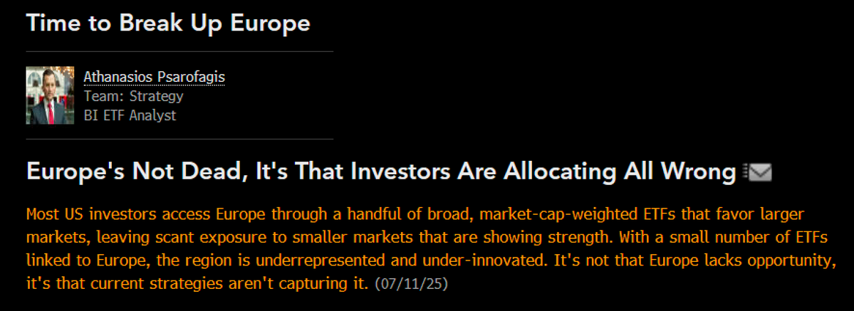 EricBalchunas's tweet image. Europe isn't Dead it's just that investors are allocating wrong.. most of the growth is from emerging and small countries which isn't captured by big cap weighted ETFs and is why US invs and is why they aren't biting on Europe's outperformance this year. Equal weighting would…