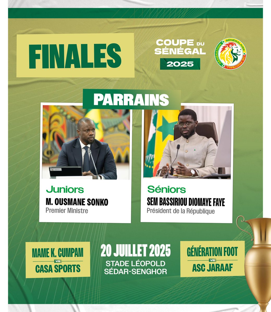 Les finales de la Coupe du Sénégal se joueront ce dimanche 20 juillet au Stade Léopold Sédar Senghor, sous le haut patronage du Président Bassirou Diomaye Faye et du Premier Ministre Ousmane Sonko.

🕓 16h - MK Cumpam vs Casa Sport (Juniors)
⚔️ 18h - GF vs ASC Jaraaf  (Seniors)