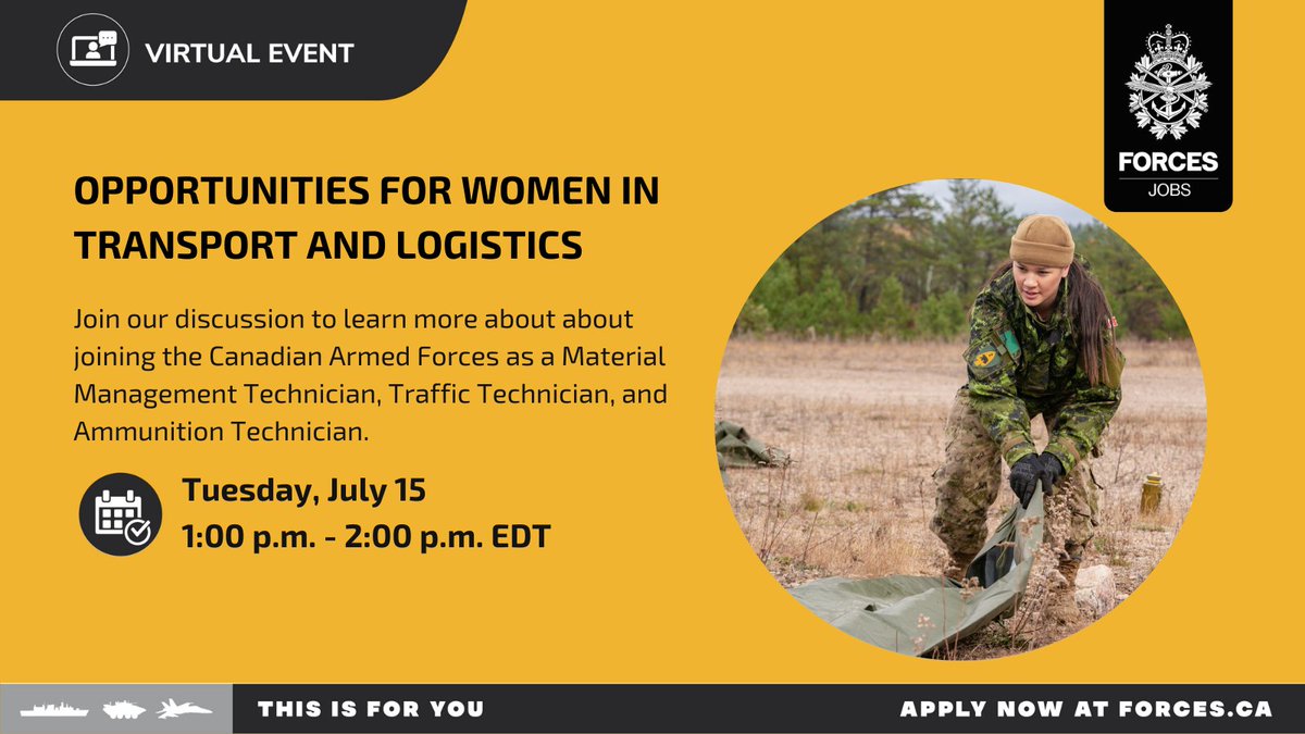 CanadianForces's tweet image. Women can enroll in any CAF occupation and serve in any environment. Join us live to speak with recruiters and learn more about how you can join as a Material Management Technician, Traffic Technician, and Ammunition Technician: forces.ca/en/events/#/de…