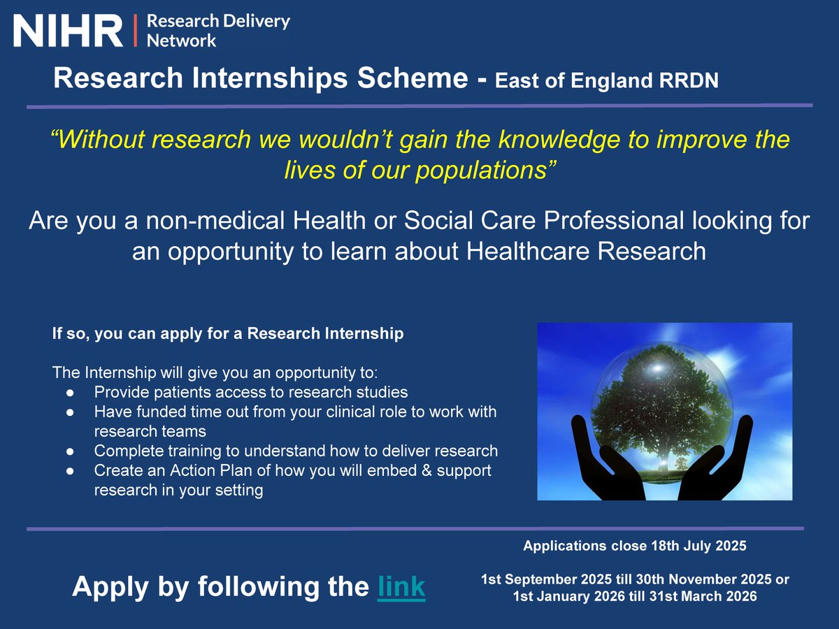 CPFT_Research's tweet image. 🚨 Last week to apply for the @NIHRrdn #EastOfEngland Research Internship Scheme by Friday 18 July!
Non-medical healthcare professionals @CPFT_NHS (not working in research) can get free support + training for 3⃣ months to bring #research to your service: ➡️docs.google.com/forms/d/e/1FAI…
