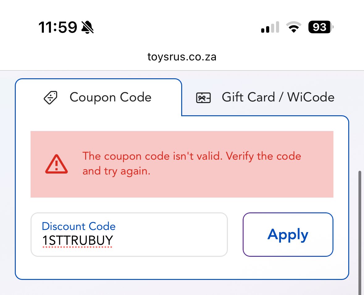 AliWhiteside's tweet photo. @ToysRUs_ZA hi. I’ve tried WhatsApp and Instagram with no responses. Your 1st purchase discount code isn’t working.. can someone assist? https://t.co/PK3o4iVSkg