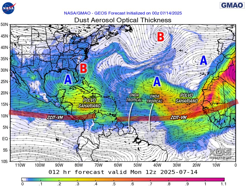 #14Jul Se mantiene sobre el país concentraciones leves a moderadas de polvo del Sahara, lo cual limita la formación generalizada de nubes de evolución, dicho polvillo estará presente en esta ocasión hasta el día de hoy. No obstante, la actividad de la Zona de Convergencia