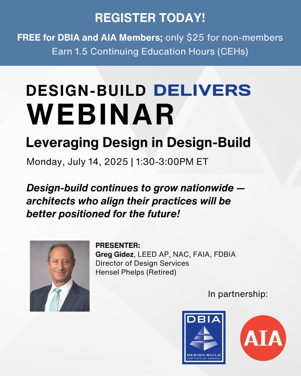 #DesignBuild is growing - #Architects who align their practices will be better positioned for the future! Join @DBIANational + <a href="/AIANational/">AIA</a> for a joint webinar on July 14: Leveraging Design in Design-Build. #DBIA and #AIA Members can register for FREE: bit.ly/3GjPwda