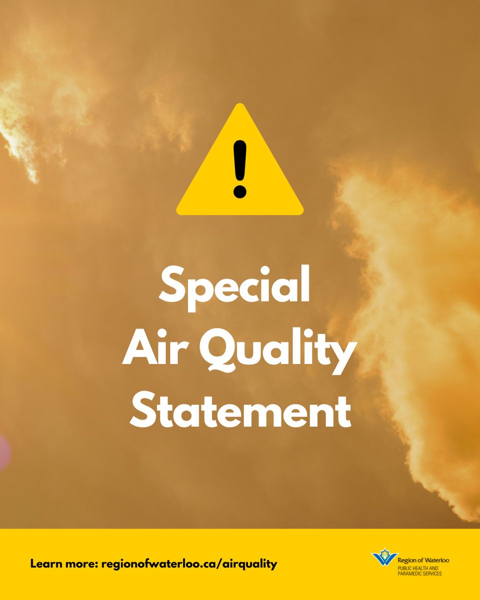 Region of Waterloo Public Health (@rowpublichealth) on Twitter photo Environment Canada has issued a Special Air Quality Statement on July 14 for Waterloo Region due to wildfire smoke. Protect yourself when the air quality is poor with these tips: regionofwaterloo.ca/airquality
<a href="/RegionWaterloo/">Region of Waterloo</a> Environment Canada has issued a Special Air Quality Statement on July 14 for Waterloo Region due to wildfire smoke. Protect yourself when the air quality is poor with these tips: regionofwaterloo.ca/airquality
<a href="/RegionWaterloo/">Region of Waterloo</a>