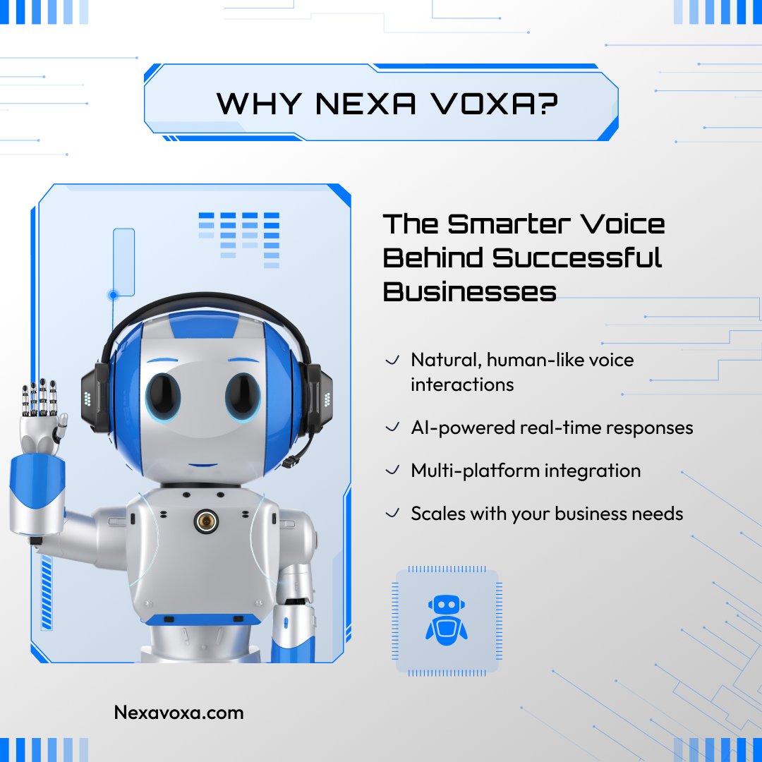 nexavoxa's tweet photo. Why settle for average when your business can communicate smarter?
Meet Nexa Voxa AI — the voice that drives success! 🔊
🔗 https://t.co/hWwQgS9L94

#AI #VoiceTech #NexaVoxa #CustomerExperience #BusinessGrowth #AIChatbot #TechInnovation https://t.co/Fc9Xxccr2H
